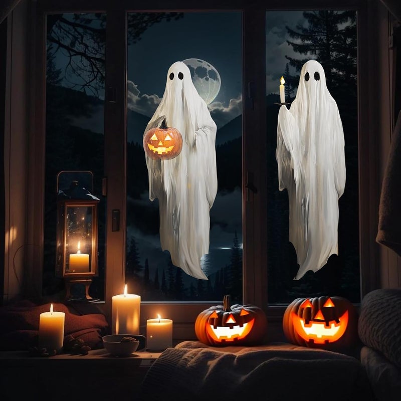 Treory Halloween Decorations Window Clings Decor, 3pcs Extra Large Scary White Ghosts with Pumpkin Lantern Halloween Window Decals Indoor, Creppy School Home Office Party Supplies for Glass Windows, 3 Sheets - Image 5